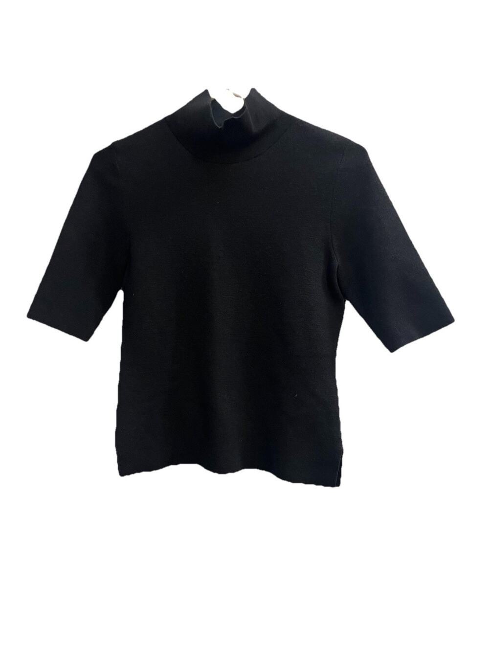 Ann Taylor Womens Small Black Mock Neck Sweater Knit Top Short Sleeve Classic